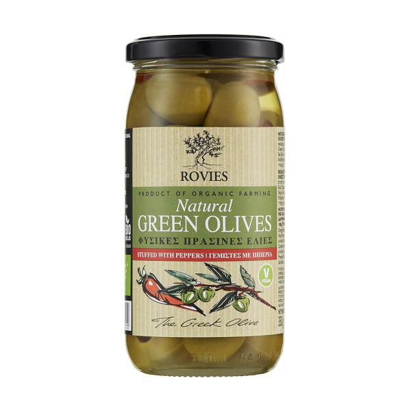 rovies green olives stuffed with peppers jar front