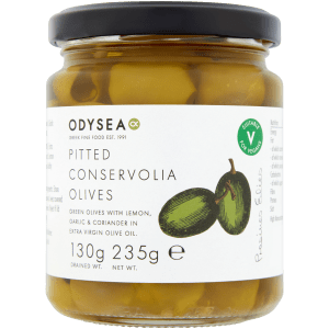 pitted conservolia olives front jar