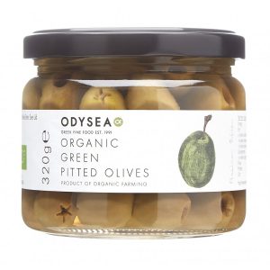 organic green pitted olives front jar