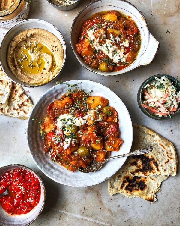 pepper & potato stew with dips and flatbread recipe picture