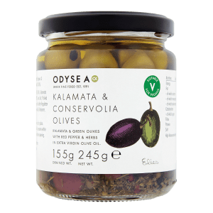 kalamata and conservolia olives jar front