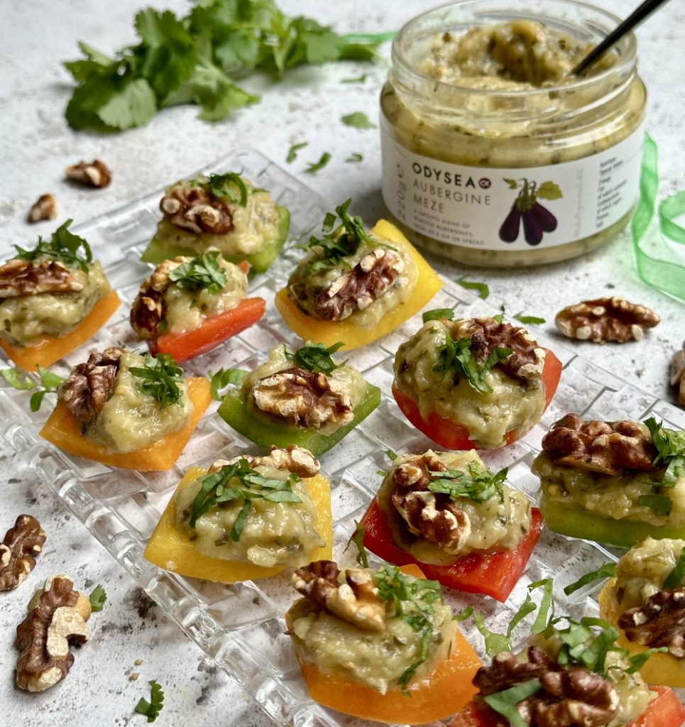 Aubergine and walnut pepper canapes