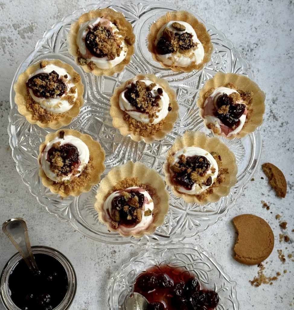 Gingernut Morello cherry & pistachio crumb tart