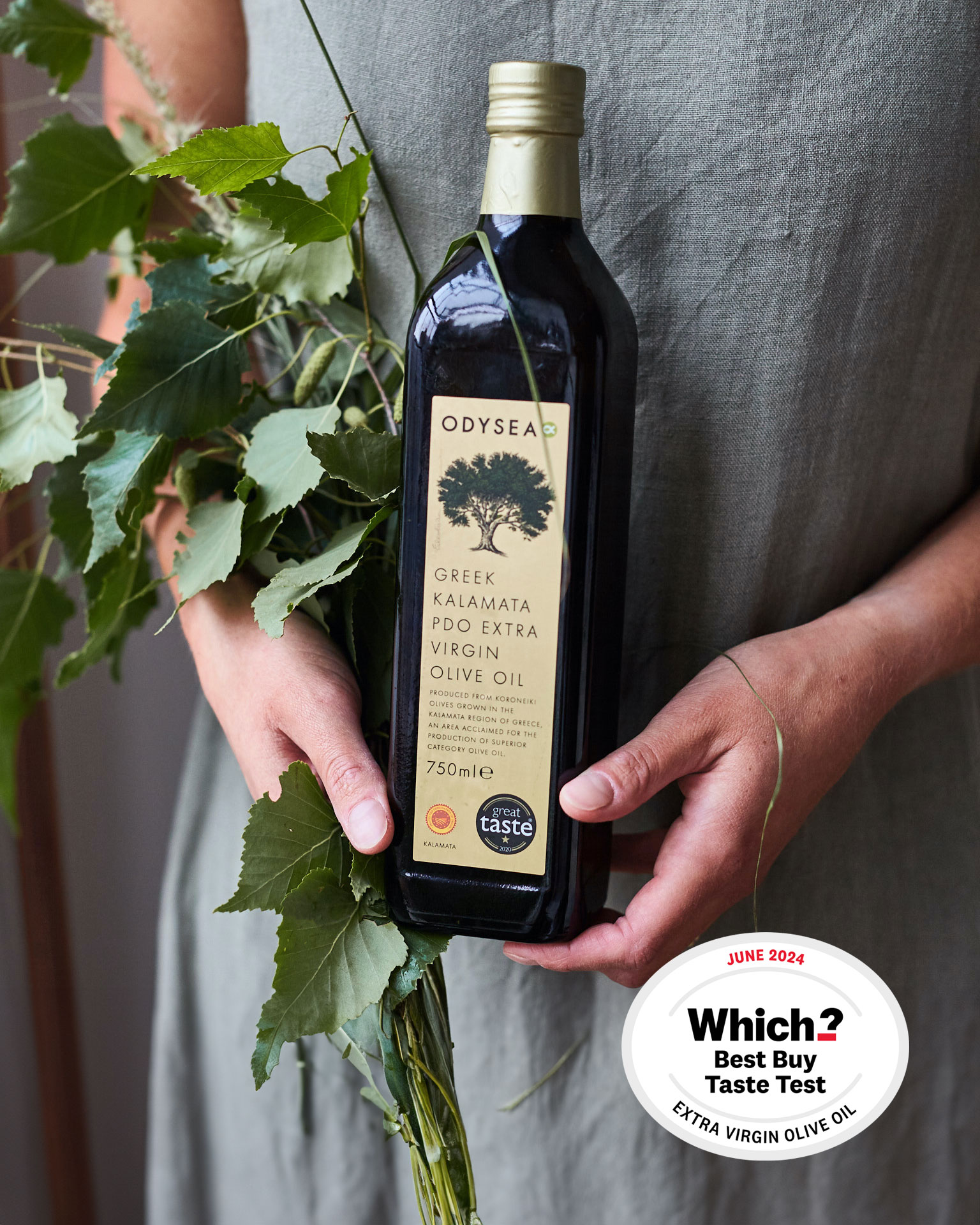 Odysea Kalamata olive oil with Best Buy Taste Test award Which? logo